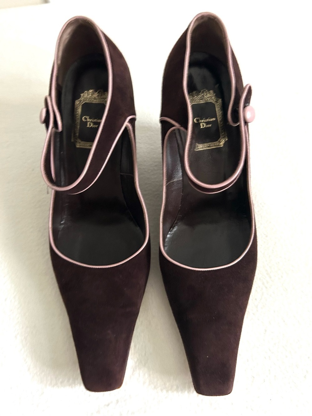 RARE Vintage Dior Brown Suede Mary Jane Pumps with Pink Trim